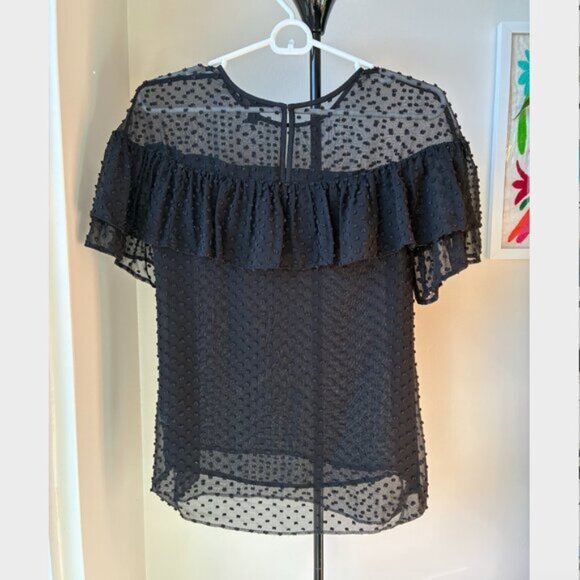 J. Crew Black Silk-Blend Ruffle Polka Dot Blouse - Size 0 - Picture 4 of 9